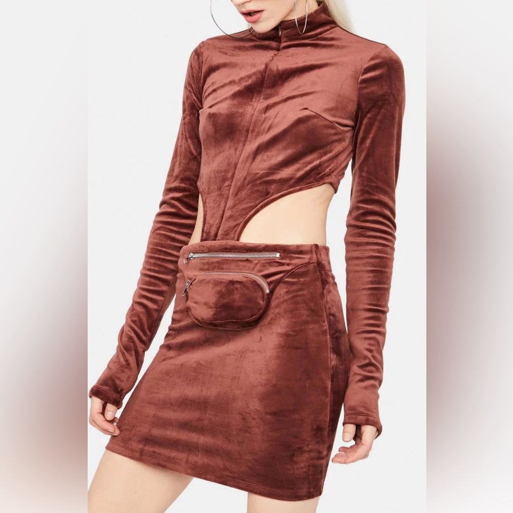 Velour Mini Dress With Fanny Pack -
Brown - Dolls Kill